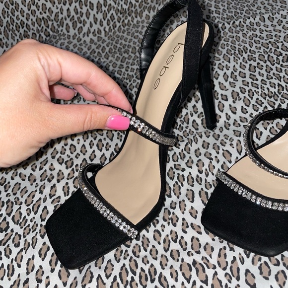 Bebe Black High Heel Suede Sandal Open Toe Bejeweled Rhinestone Bling Strap NWOT - Picture 3 of 12